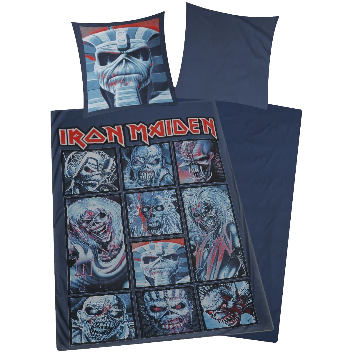 Linge de lit Iron Maiden avec housse 135×200 cm et taie 80×80 cm – visuels d’Eddie, recto et verso