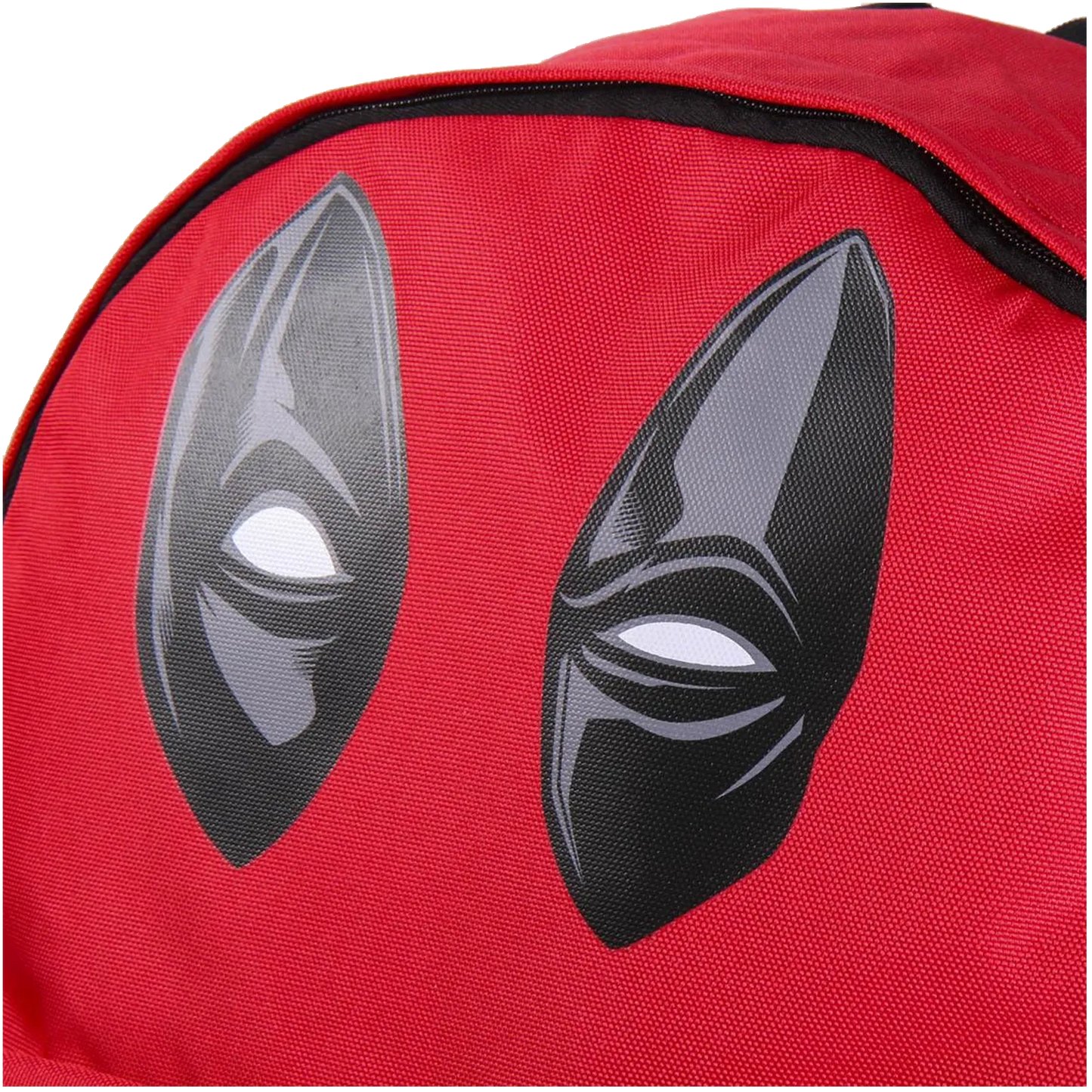 Gros plan sur les yeux du masque Deadpool sérigraphiés