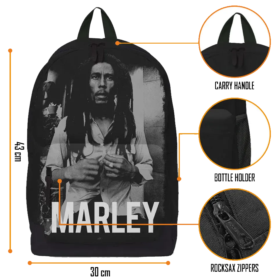 Sac à dos Bob Marley RockSax avec dimensions, détails des zips et poche latérale