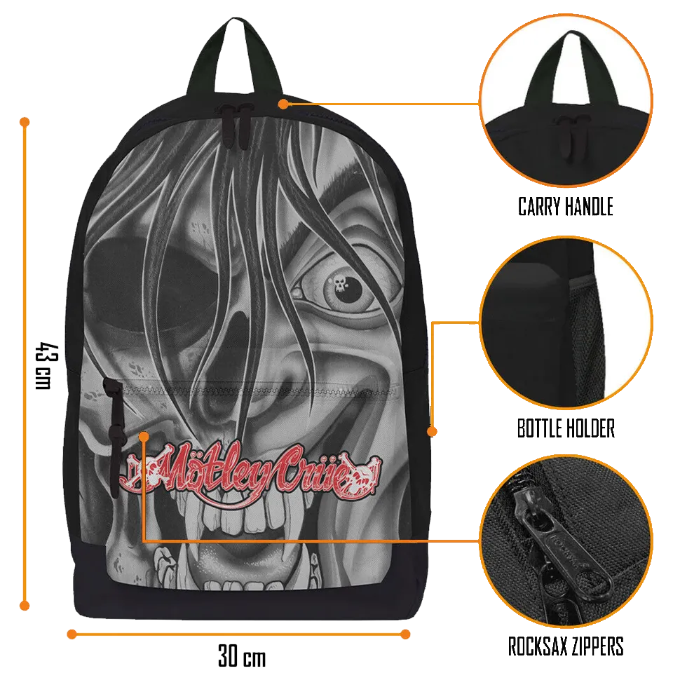 Détails du sac à dos Mötley Crüe RockSax avec dimensions, poignée, poche bouteille et fermetures robustes