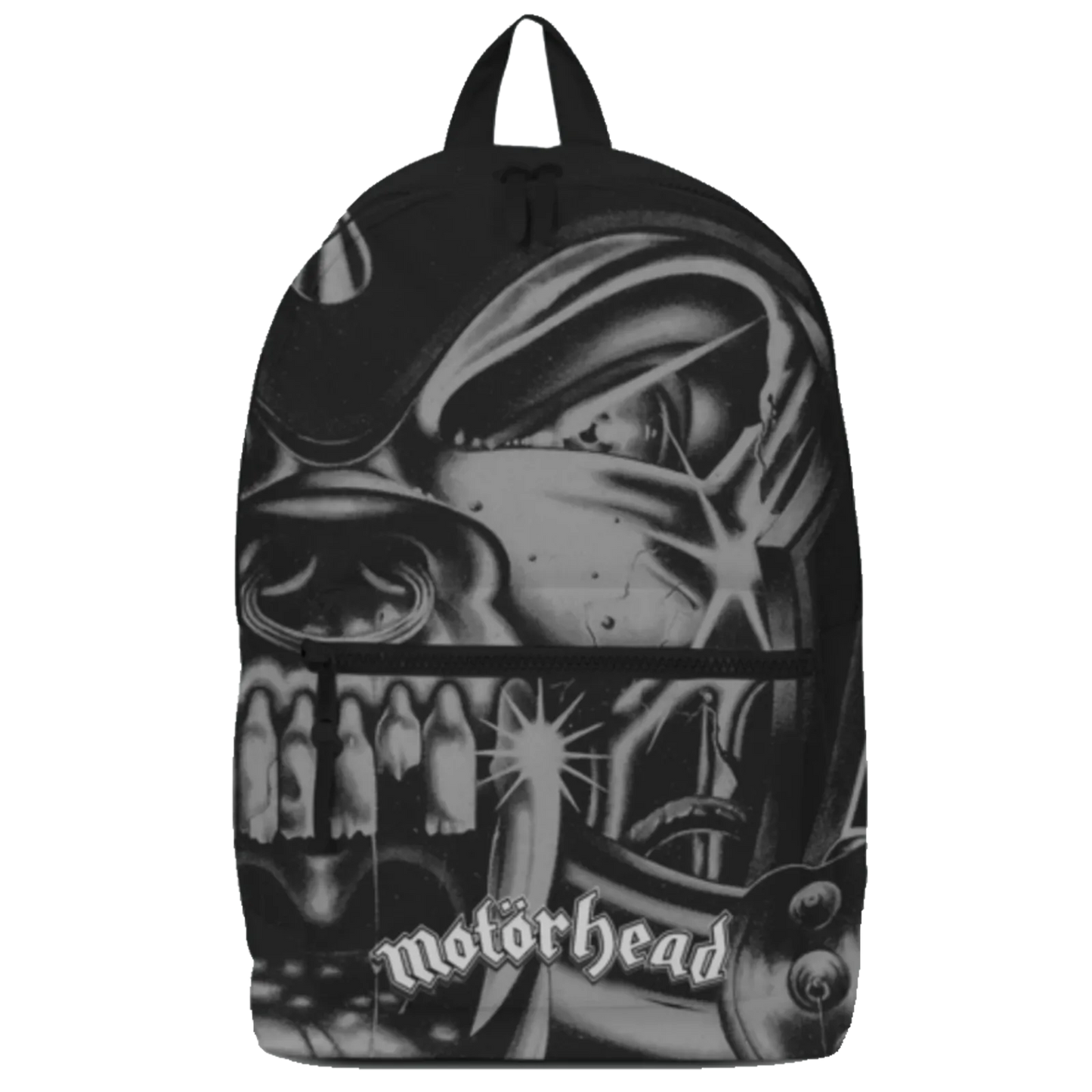 Sac à dos Motörhead RockSax noir avec visuel Snaggletooth en noir et blanc et logo du groupe.