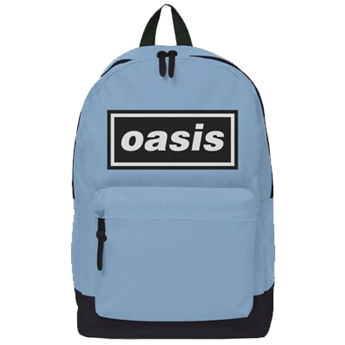 Sac à dos bleu clair Oasis avec logo noir et blanc Britpop.