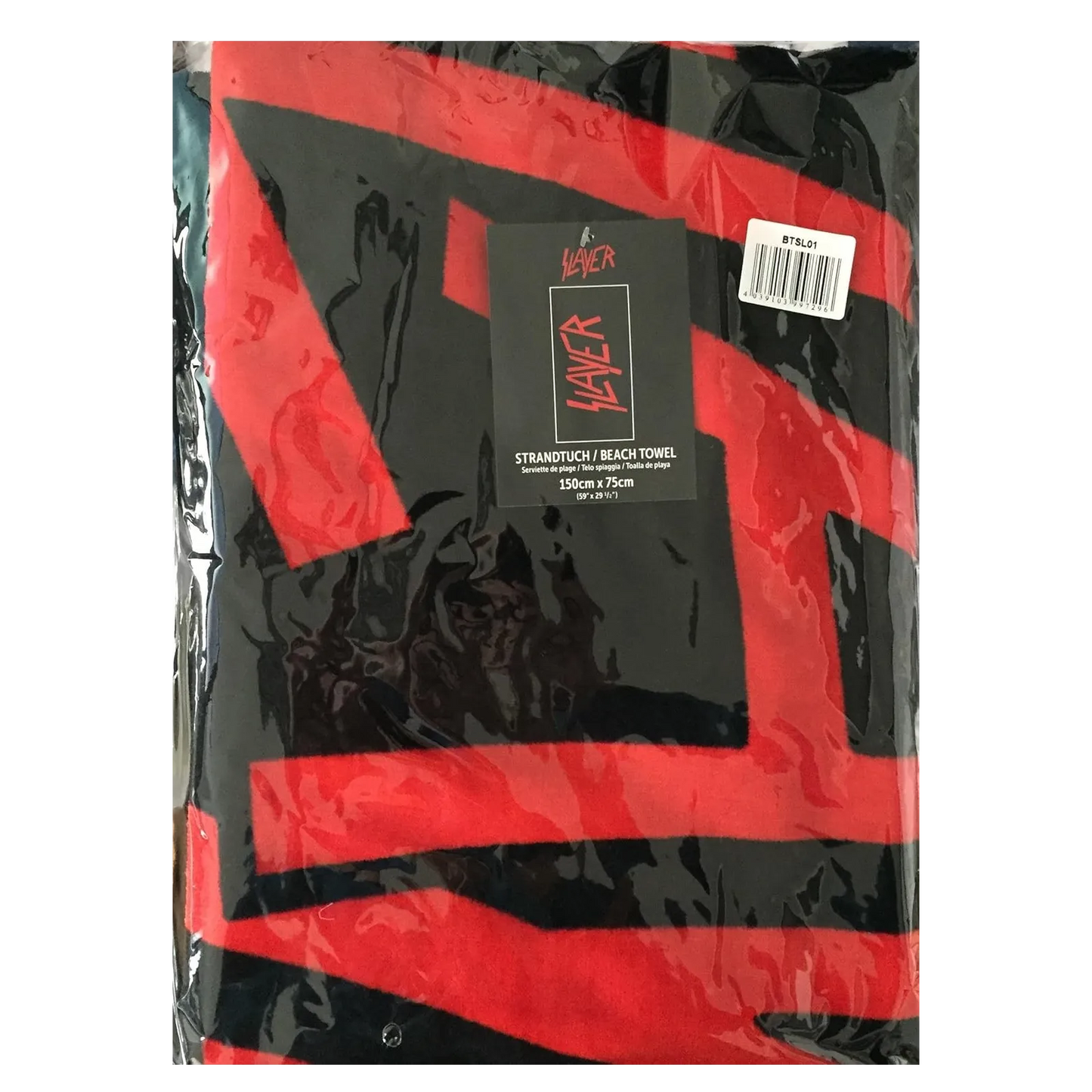 Serviette Slayer coton noir et rouge vue pliée et emballée