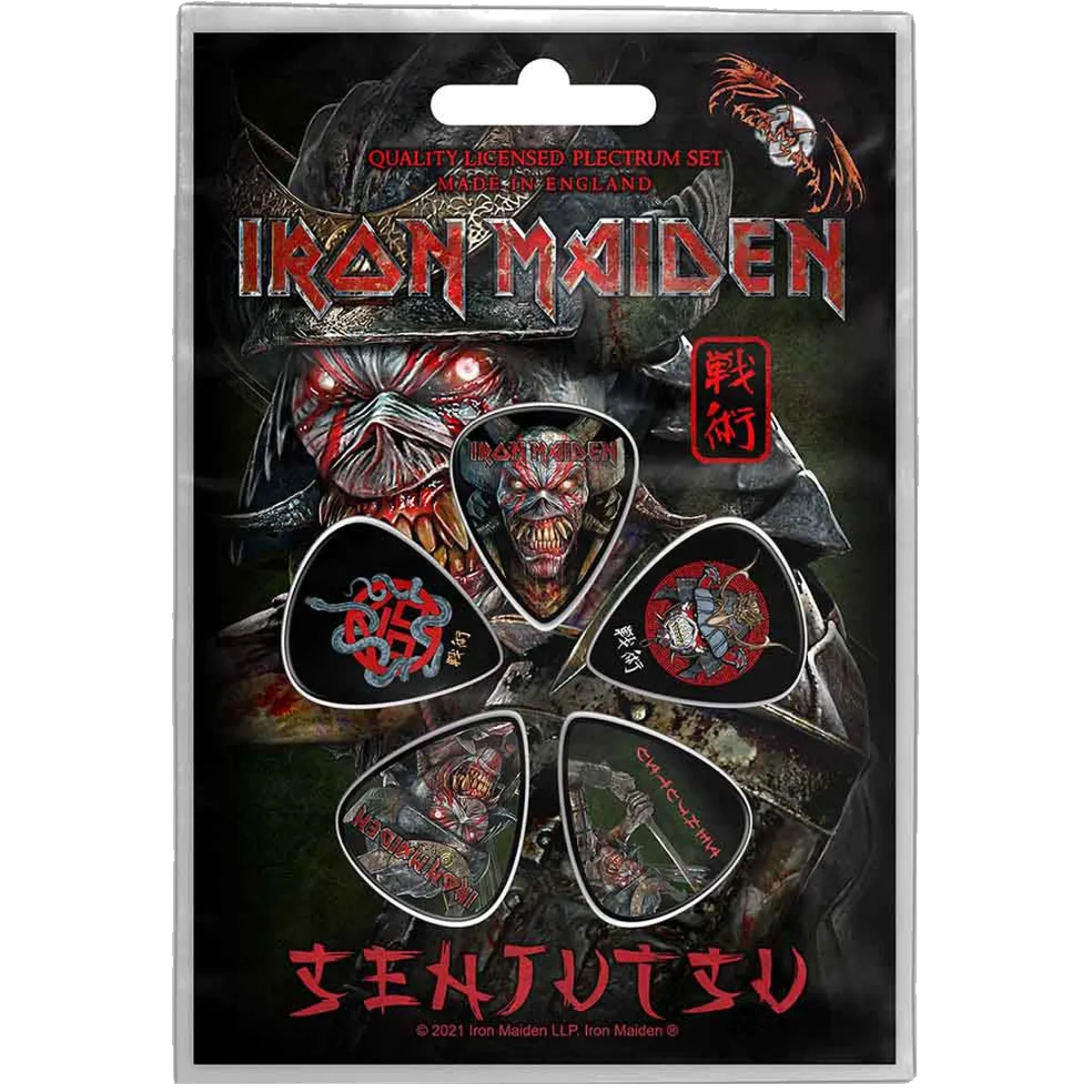Set officiel de médiators Iron Maiden Senjutsu présenté sur carte blister