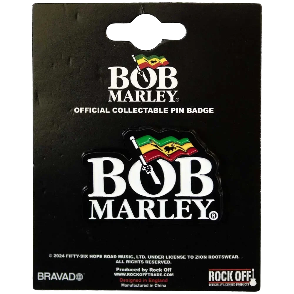 Pin officiel Bob Marley présenté sur carte Rock Off - badge blanc et vert jaune rouge sous licence 2024