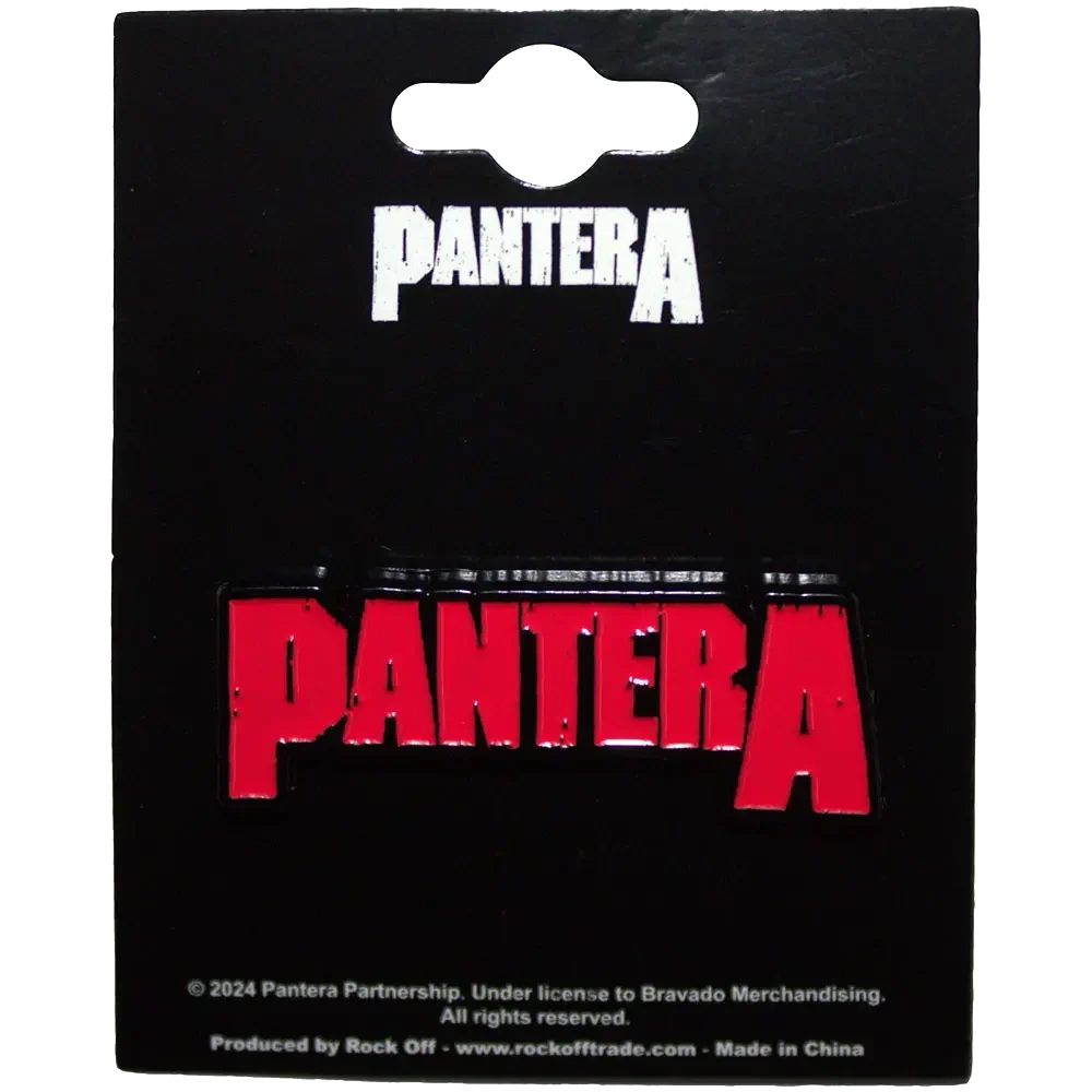 Pin's officiel Pantera présenté sur carte Rock Off - badge rouge et noir sous licence 2024