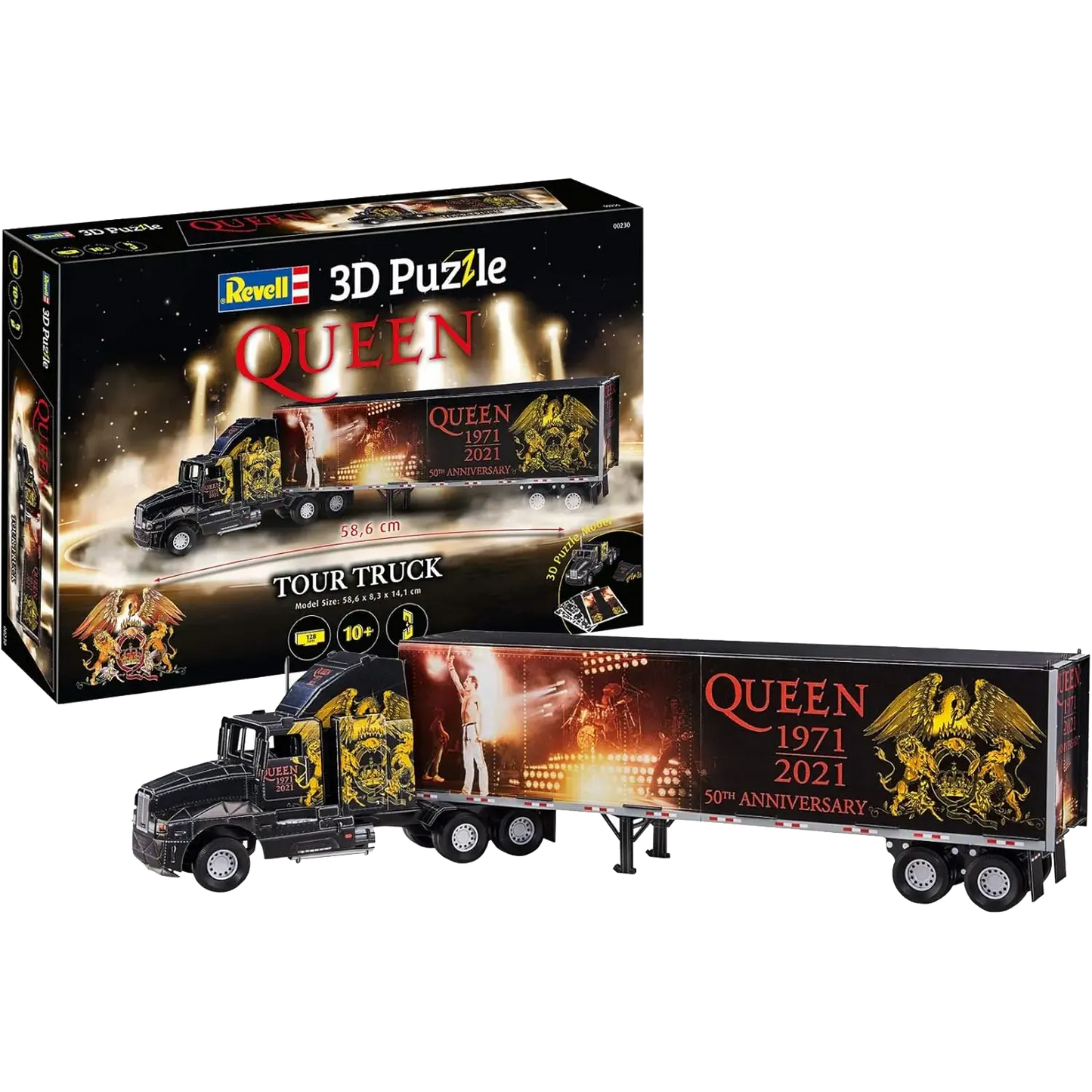 Box of the puzzle 3D Revell Queen Tour Truck – 50e anniversary 1971-2021 with view of the band and golden logo