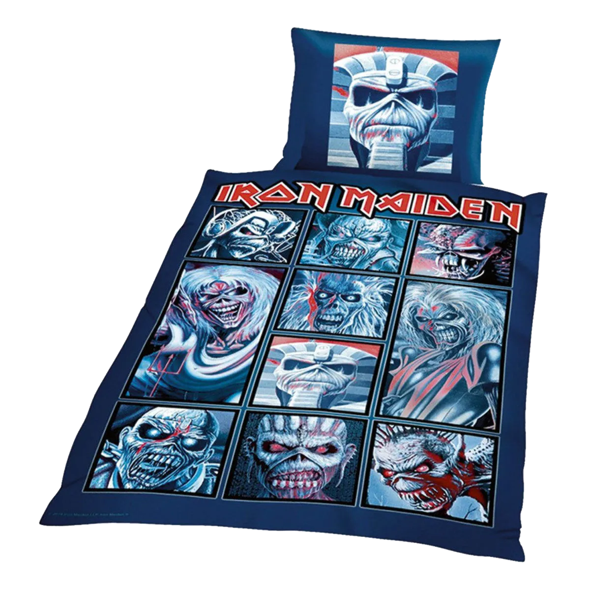 Linge de lit Iron Maiden avec housse 135×200 cm et taie 80×80 cm – visuels d’Eddie.