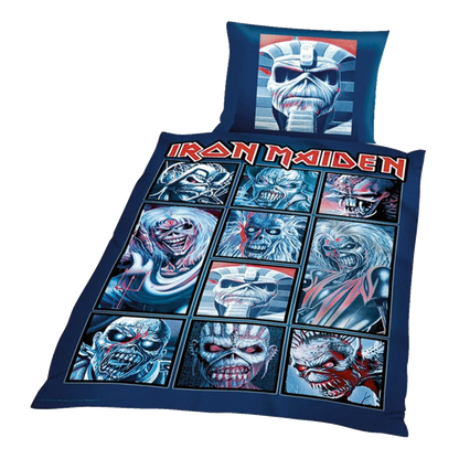 Linge de lit Iron Maiden avec housse 135×200 cm et taie 80×80 cm – visuels d’Eddie.