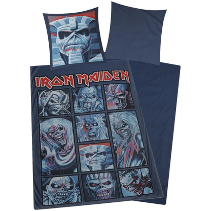 Linge de lit Iron Maiden avec housse 135×200 cm et taie 80×80 cm – visuels d’Eddie, recto et verso