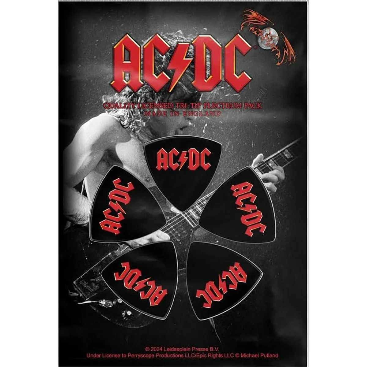 Set officiel de médiators tri-tip AC/DC présenté sur carte blister 