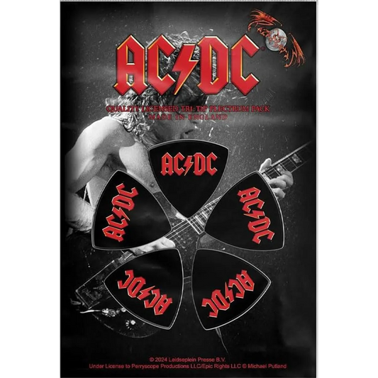 Set officiel de médiators tri-tip AC/DC présenté sur carte blister 