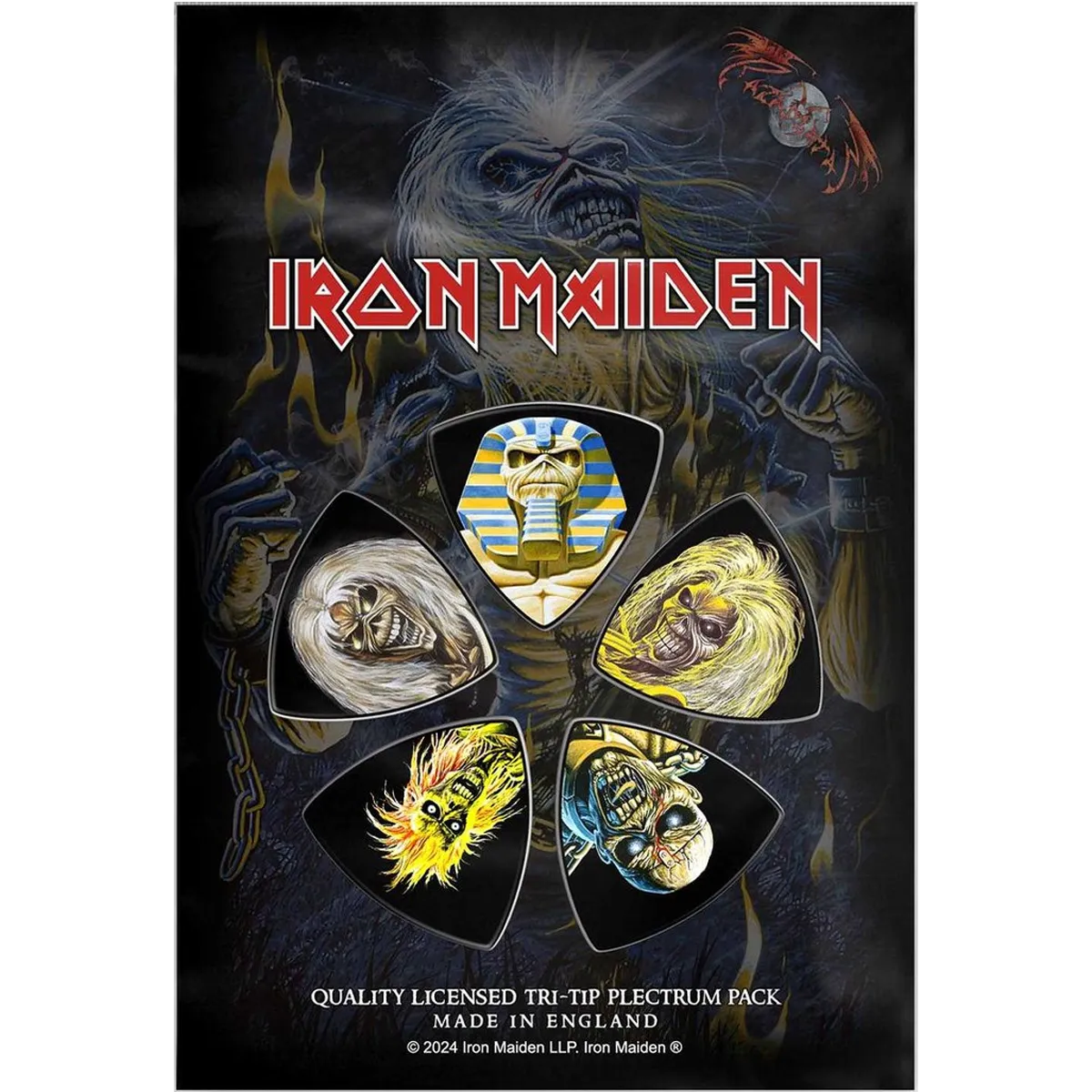 Set officiel de médiators tri-tip Iron Maiden présenté sur carte blister