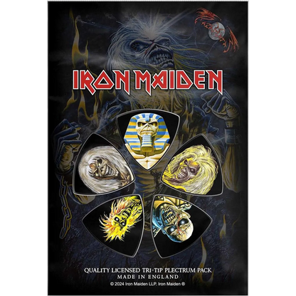 Set officiel de médiators tri-tip Iron Maiden présenté sur carte blister