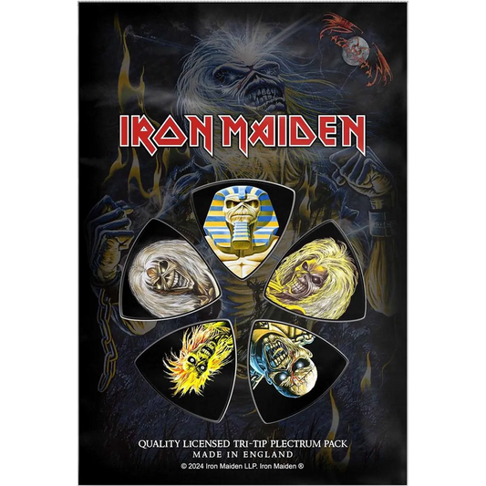 Set officiel de médiators tri-tip Iron Maiden présenté sur carte blister