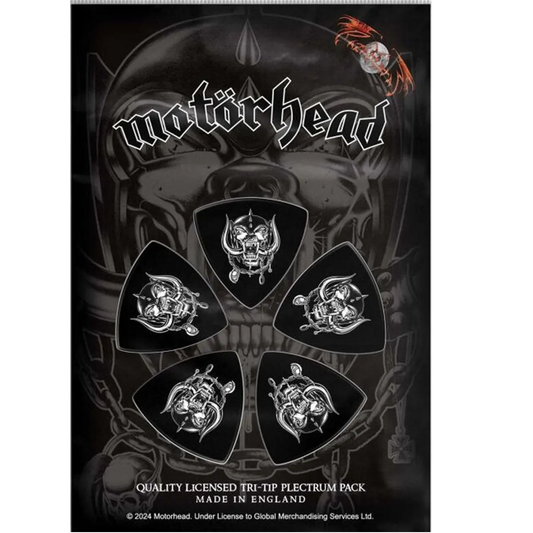 Set officiel de médiators tri-tip Motorhead présenté sur carte blister 