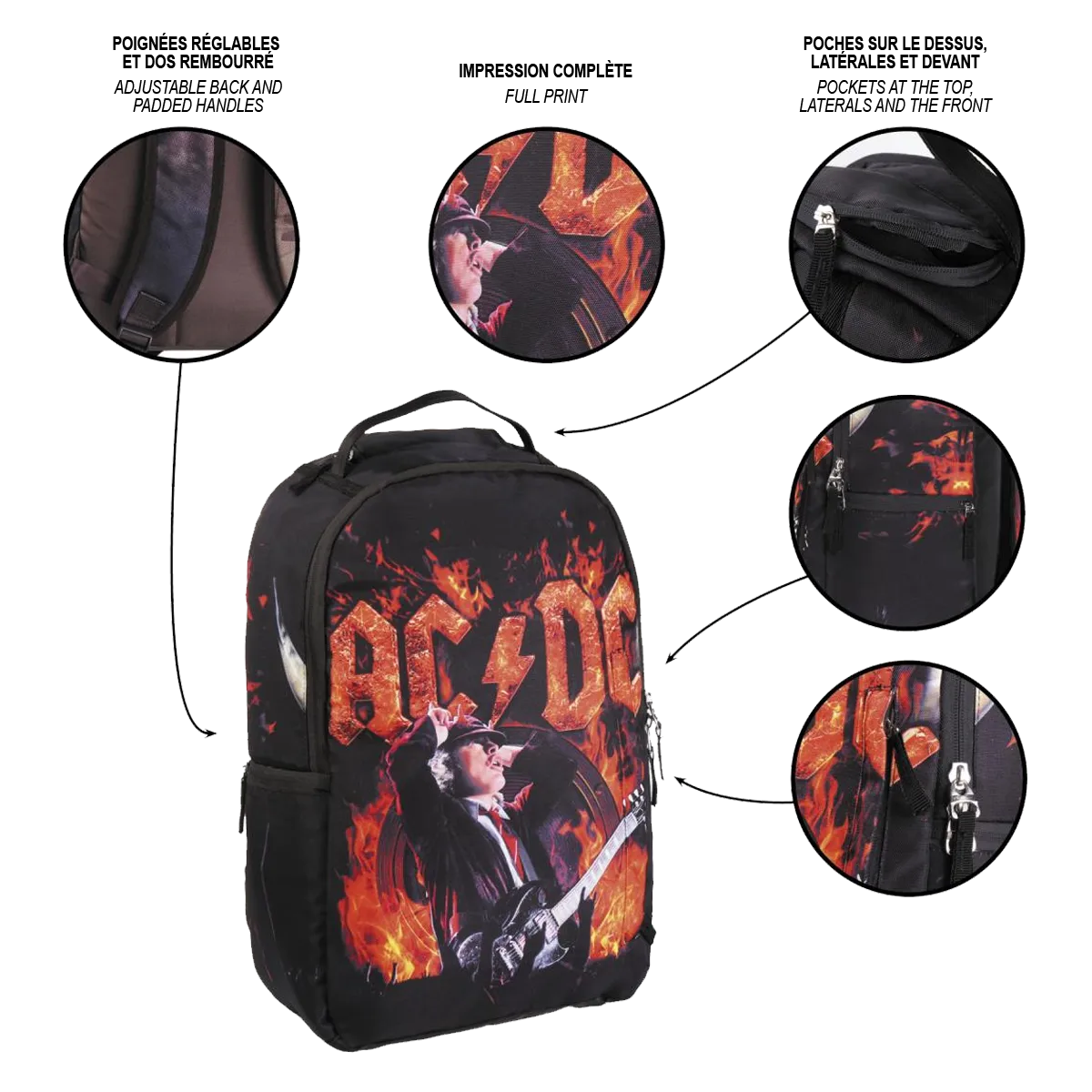 Détails du sac AC/DC : poches, zips métal, coutures renforcées, impression intégrale