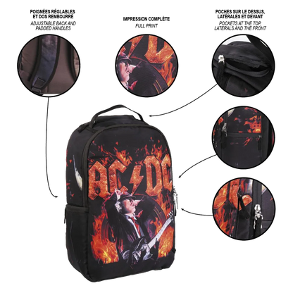 Détails du sac AC/DC : poches, zips métal, coutures renforcées, impression intégrale