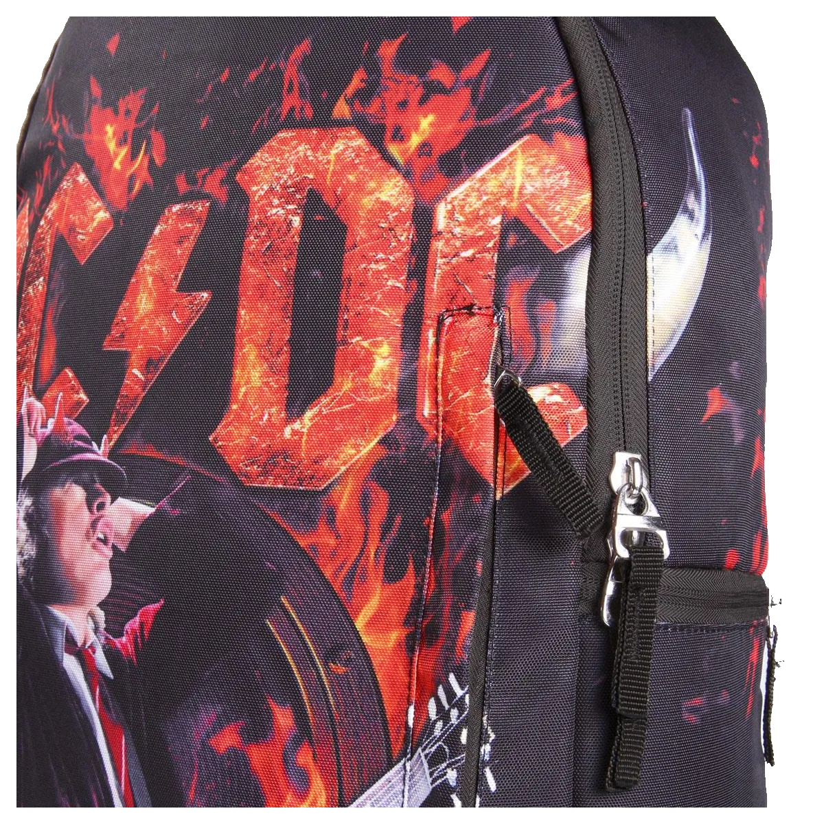 Impression AC/DC en flammes et tirettes de zip – gros plan