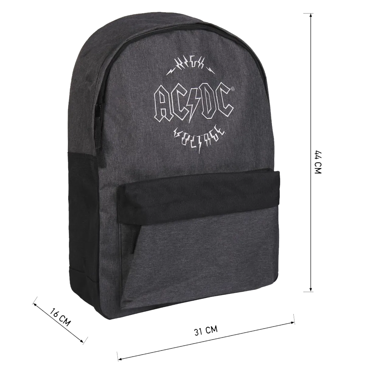 Sac à dos AC/DC – dimensions 44 × 31 × 16 cm, vue côté