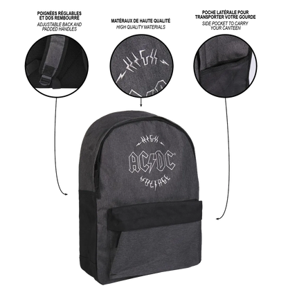 Détails du sac AC/DC – zoom logo brodé, zip et poche frontale