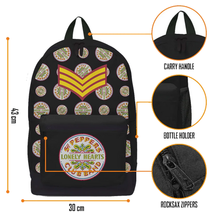 Sac à dos Beatles “Sgt. Pepper” RockSax, schéma dimensions 43×30×15 cm et détails (anse, porte-bouteille, zip).