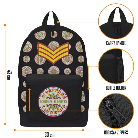 Sac à dos Beatles “Sgt. Pepper” RockSax, schéma dimensions 43×30×15 cm et détails (anse, porte-bouteille, zip).