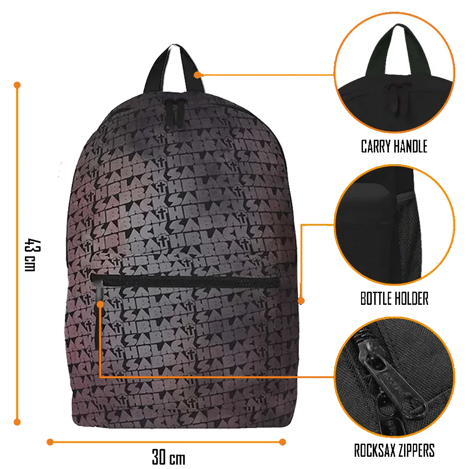 Détails sac Black Sabbath Rocksax — schéma dimensions 43×30×15 cm et poches