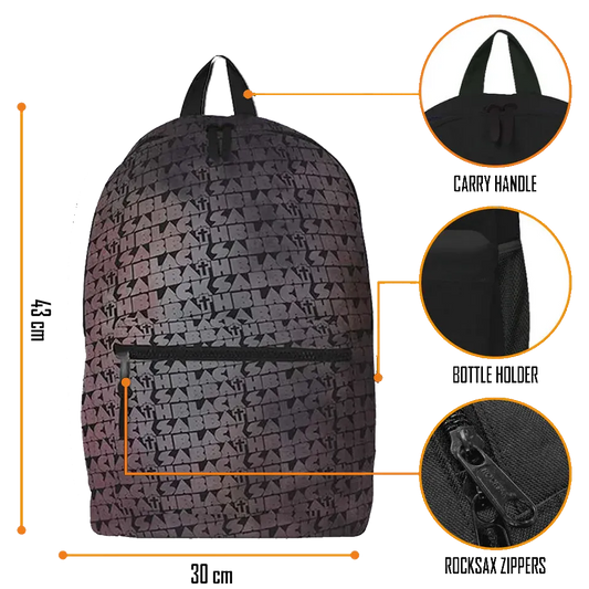 Détails sac Black Sabbath Rocksax — schéma dimensions 43×30×15 cm et poches