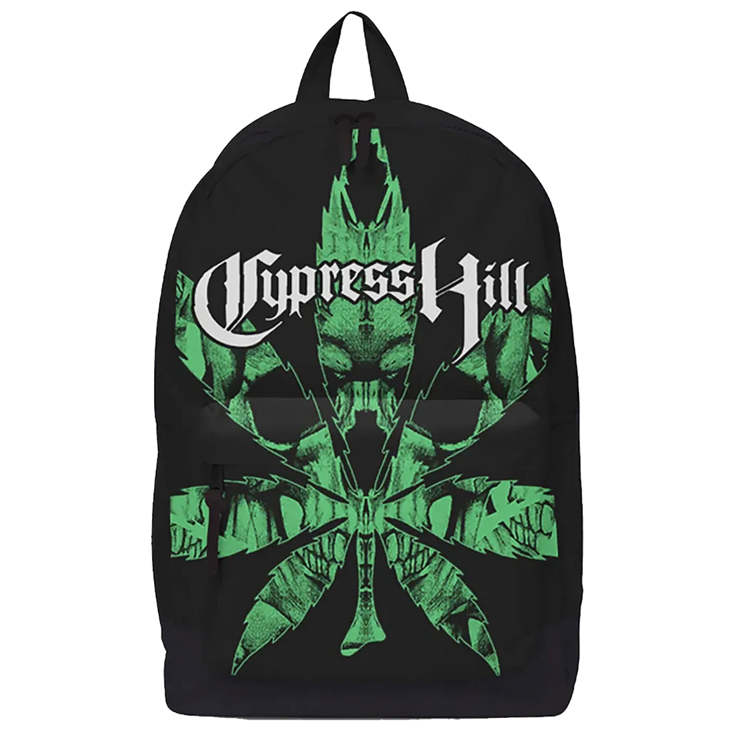 Sac à dos Cypress Hill RockSax noir, grand motif vert, vue de face – 43×30×15