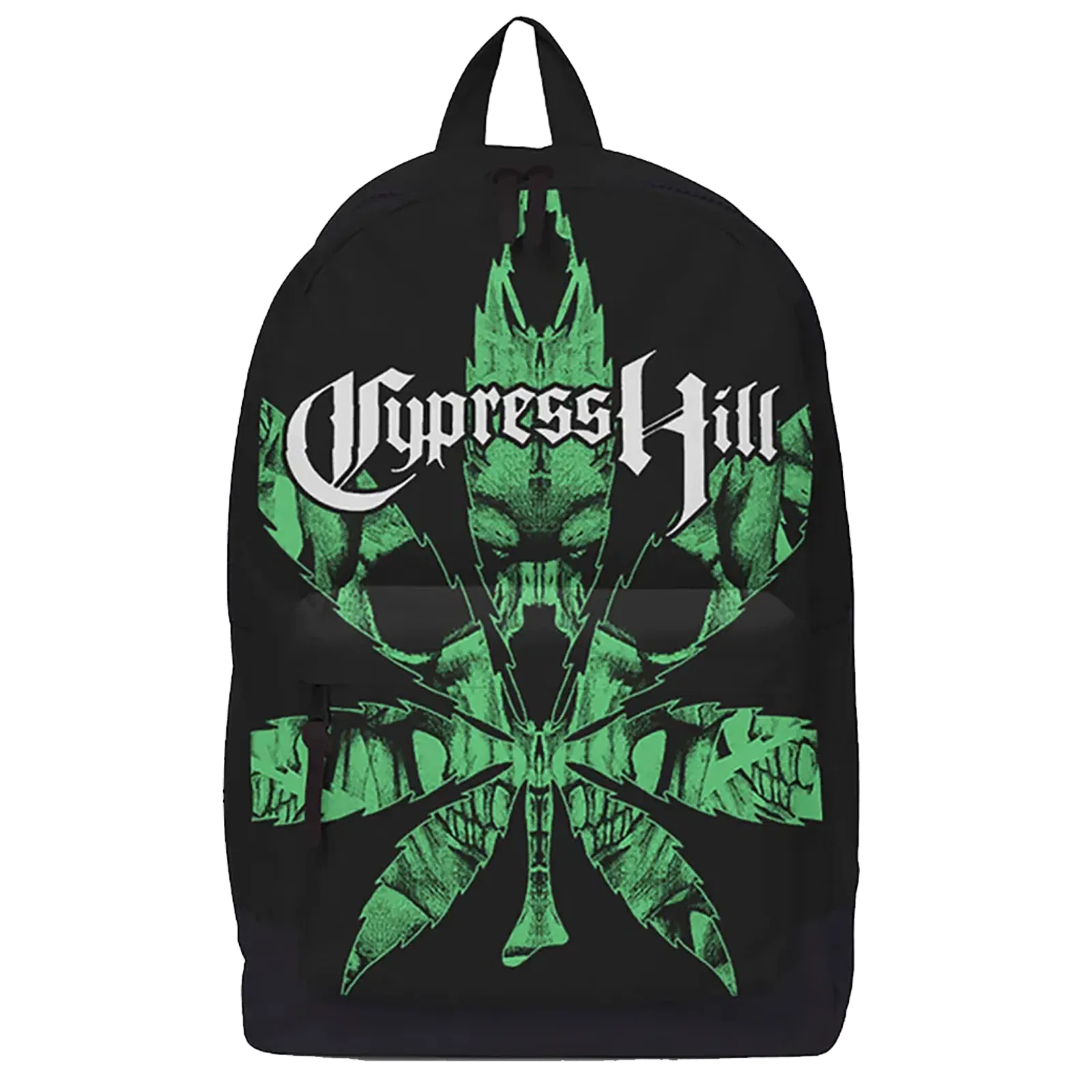 Sac à dos Cypress Hill RockSax noir, grand motif vert, vue de face – 43×30×15