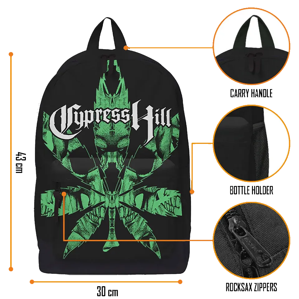 Planche technique sac à dos Cypress Hill RockSax : dimensions 43×30×15, zoom bretelles, poche bouteille et zip