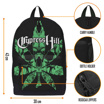 Planche technique sac à dos Cypress Hill RockSax : dimensions 43×30×15, zoom bretelles, poche bouteille et zip