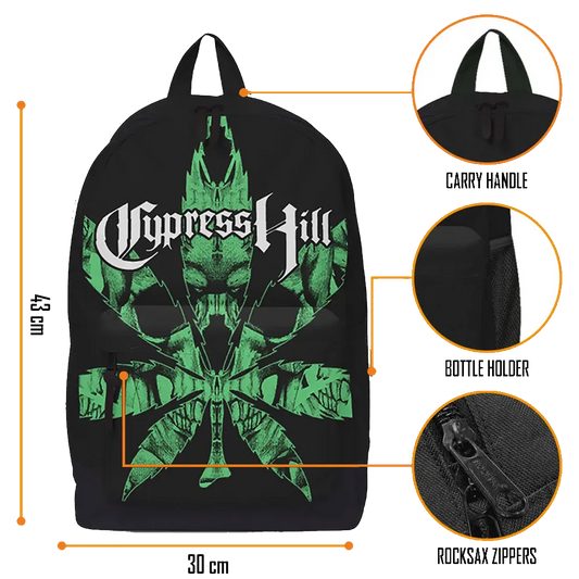 Planche technique sac à dos Cypress Hill RockSax : dimensions 43×30×15, zoom bretelles, poche bouteille et zip