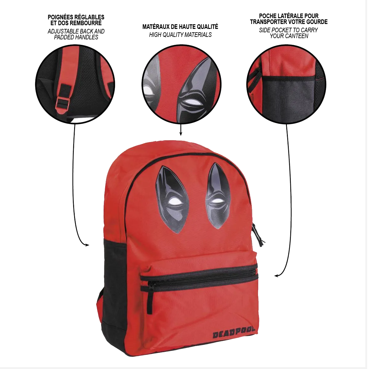 Sac à dos Deadpool : zooms sur bretelles, impression et poche avant zippée