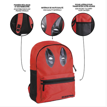 Sac à dos Deadpool : zooms sur bretelles, impression et poche avant zippée