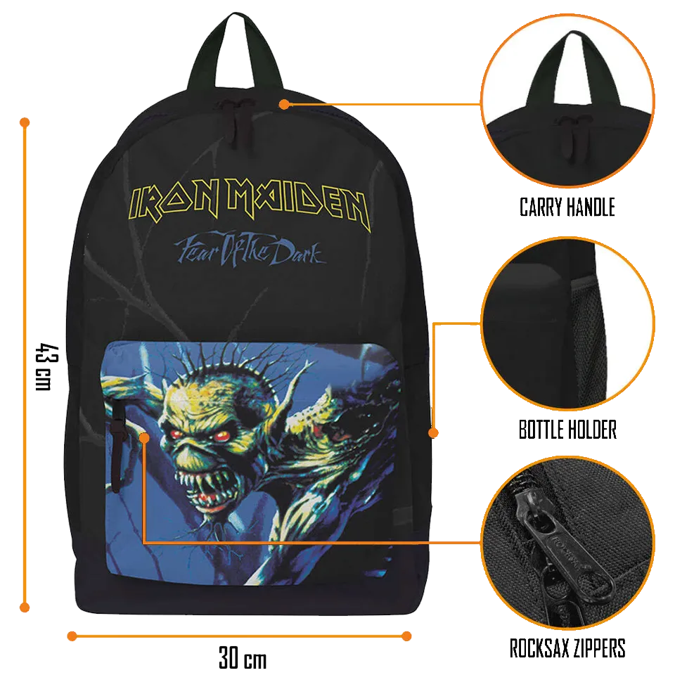Vue détaillée du sac Iron Maiden RockSax Fear of the Dark avec dimensions et poches