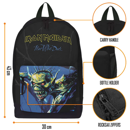Vue détaillée du sac Iron Maiden RockSax Fear of the Dark avec dimensions et poches