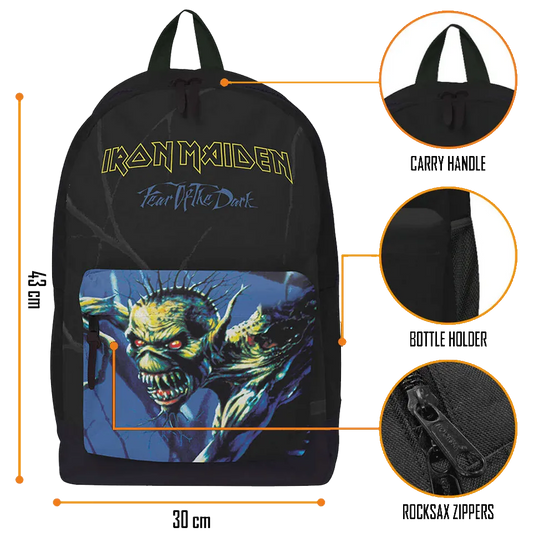 Vue détaillée du sac Iron Maiden RockSax Fear of the Dark avec dimensions et poches