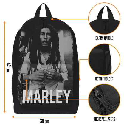 Sac à dos Bob Marley RockSax avec dimensions, détails des zips et poche latérale