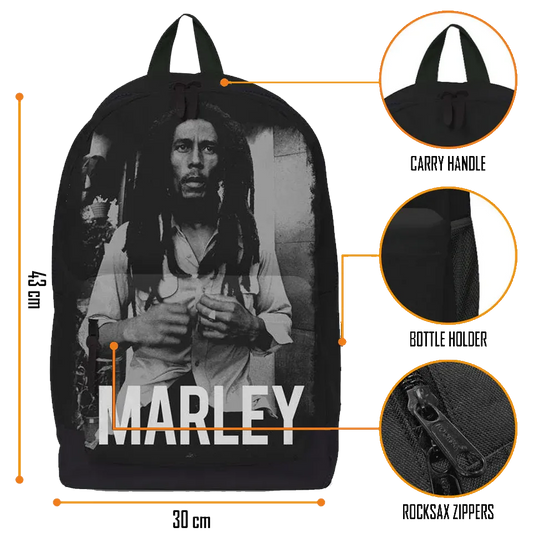 Sac à dos Bob Marley RockSax avec dimensions, détails des zips et poche latérale
