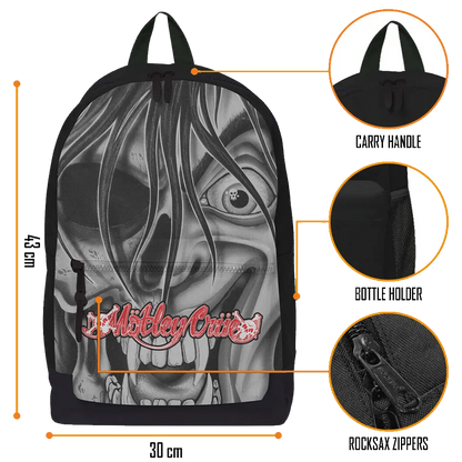 Détails du sac à dos Mötley Crüe RockSax avec dimensions, poignée, poche bouteille et fermetures robustes