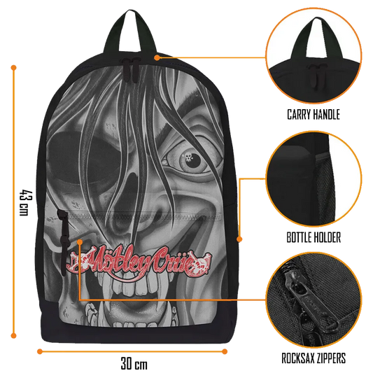 Détails du sac à dos Mötley Crüe RockSax avec dimensions, poignée, poche bouteille et fermetures robustes