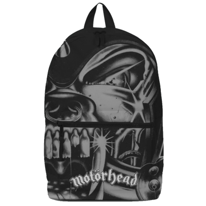 Sac à dos Motörhead RockSax noir avec visuel Snaggletooth en noir et blanc et logo du groupe.