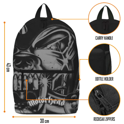 Sac à dos Motörhead RockSax noir, détails des dimensions 43×30×15 cm, poignée, poche bouteille et fermetures RockSax.