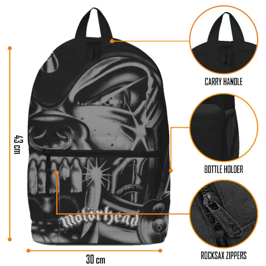 Sac à dos Motörhead RockSax noir, détails des dimensions 43×30×15 cm, poignée, poche bouteille et fermetures RockSax.