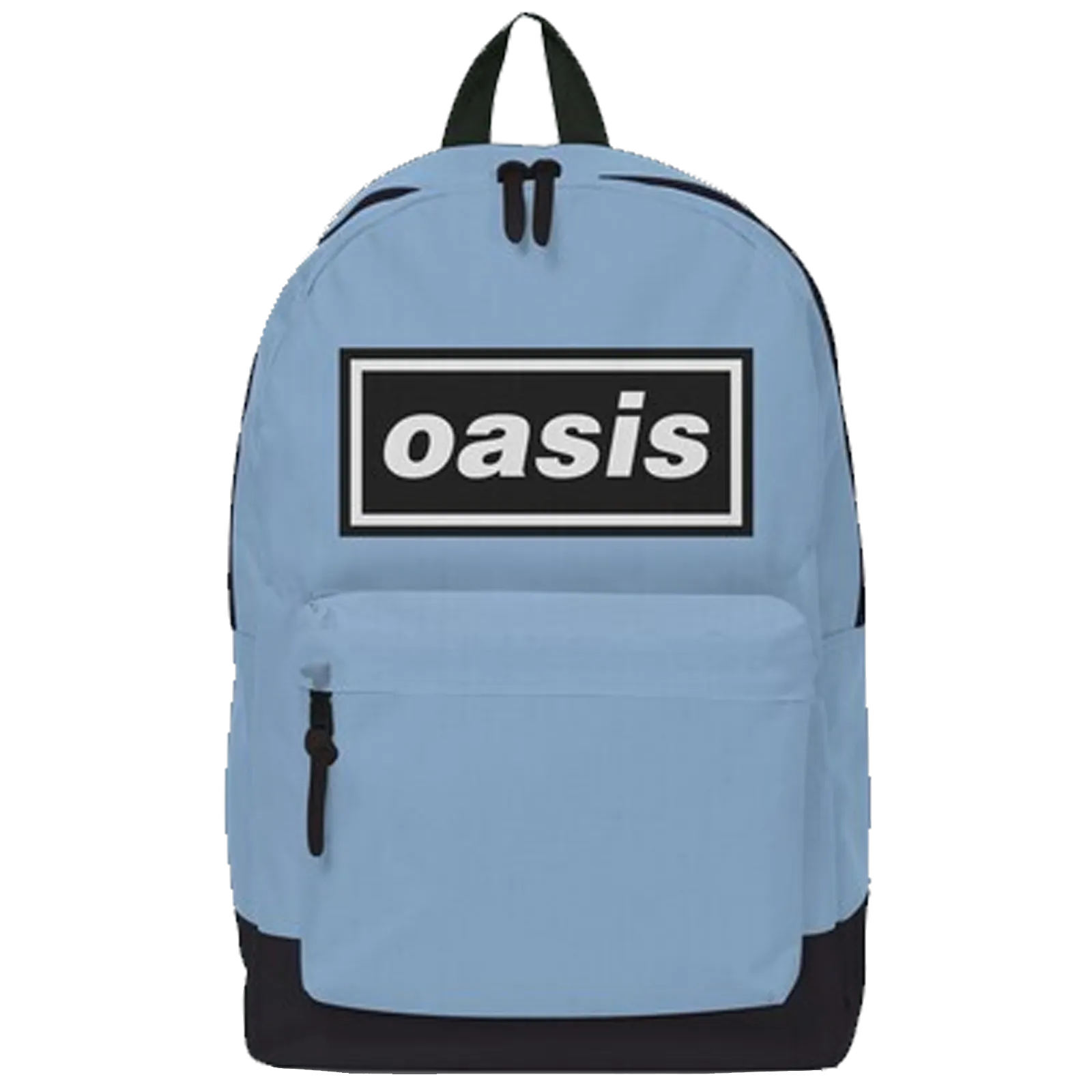Sac à dos bleu clair Oasis avec logo noir et blanc Britpop.