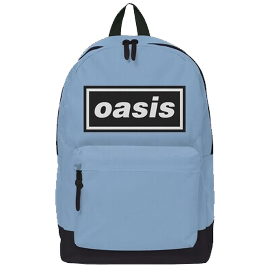 Sac à dos bleu clair Oasis avec logo noir et blanc Britpop.