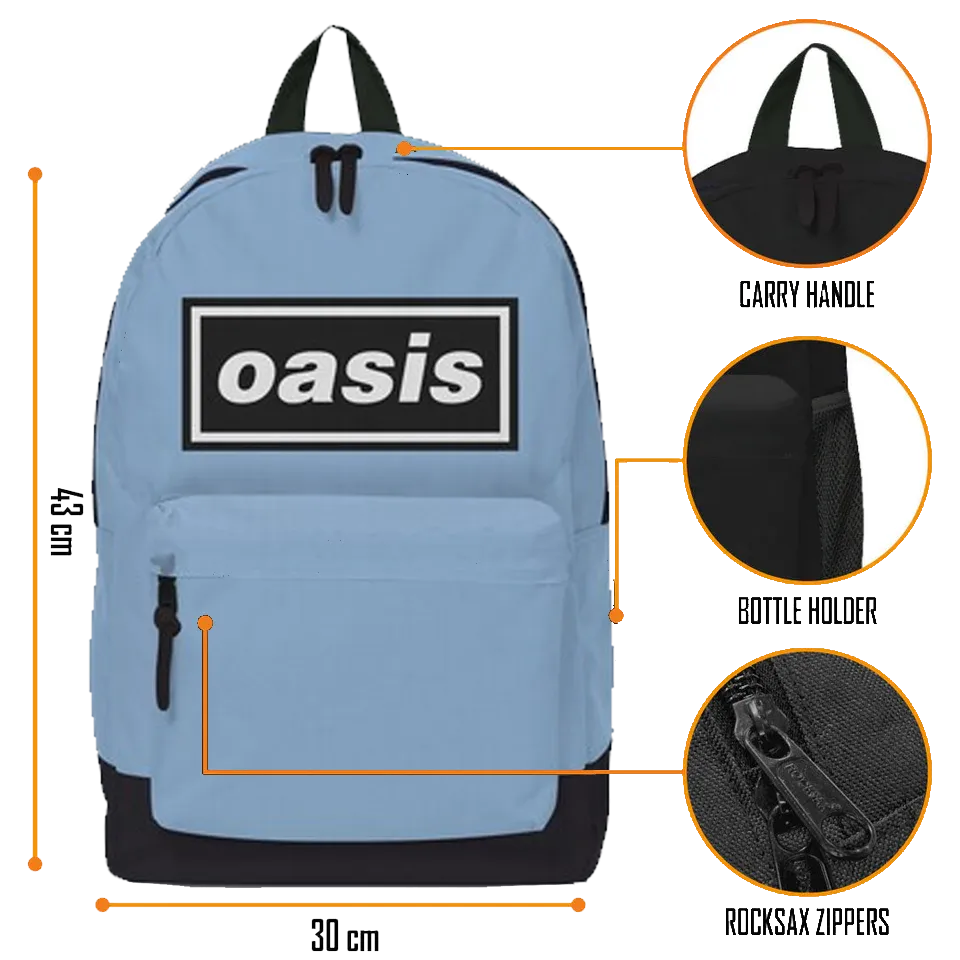 Sac à dos Oasis bleu clair, vue avant avec détails dimensions et poches.