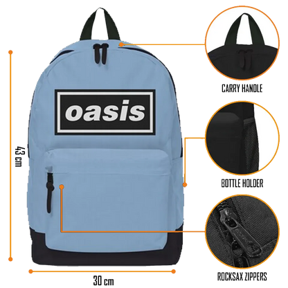 Sac à dos Oasis bleu clair, vue avant avec détails dimensions et poches.
